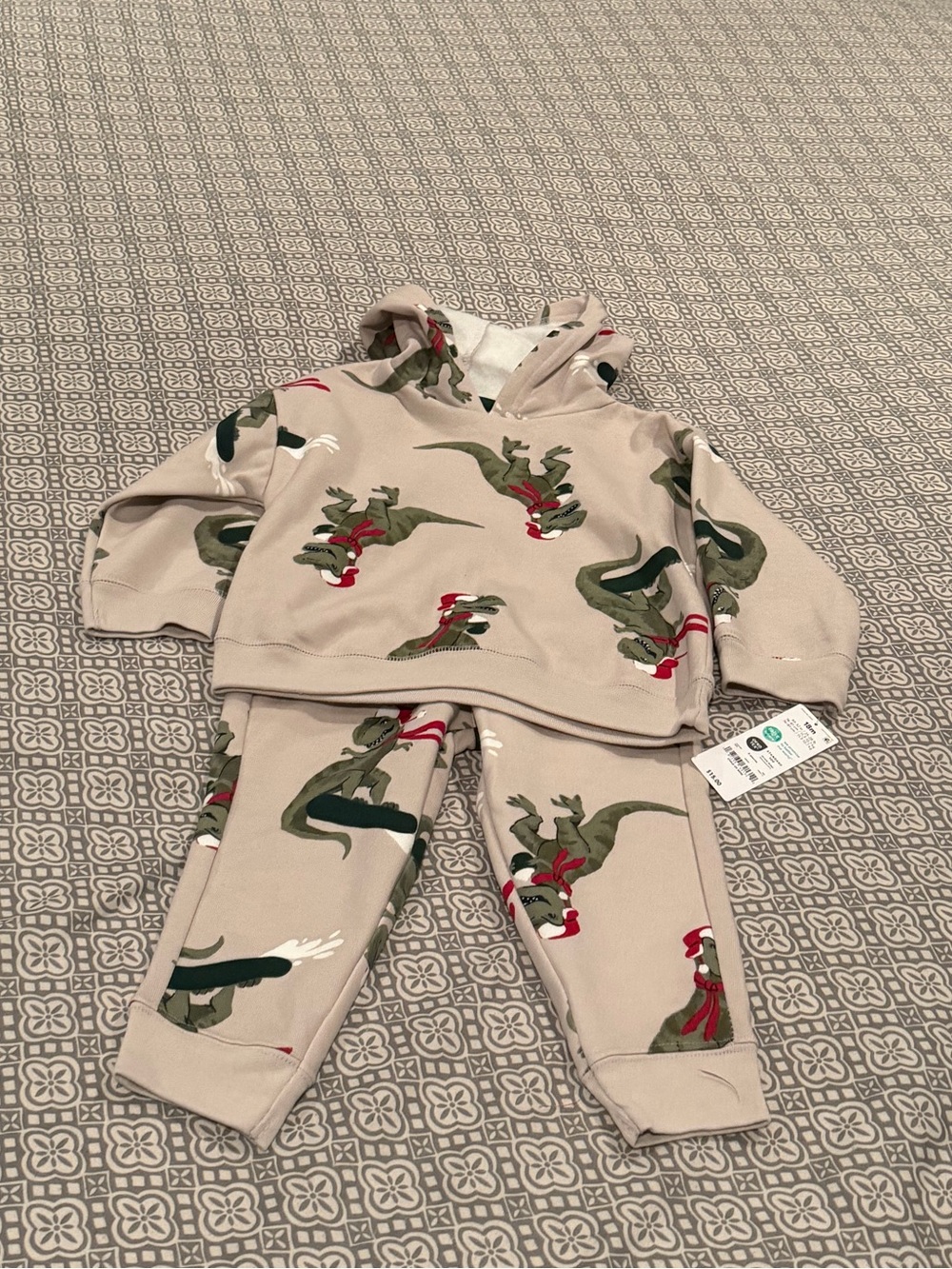 Beige Dinosaur Hoodie & Jogger Pajama Set - Cozy Dino Print